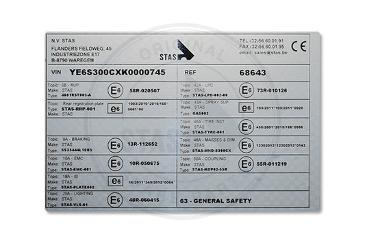 HOMOLOGATION STICKER ON THE FRONT OF THE VEHICLE